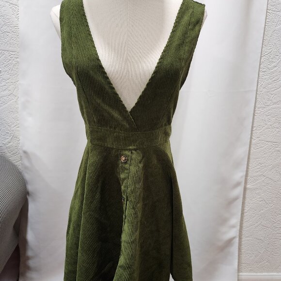 Frille Rose Forest army olive green corduroy mini dress - Picture 1 of 6